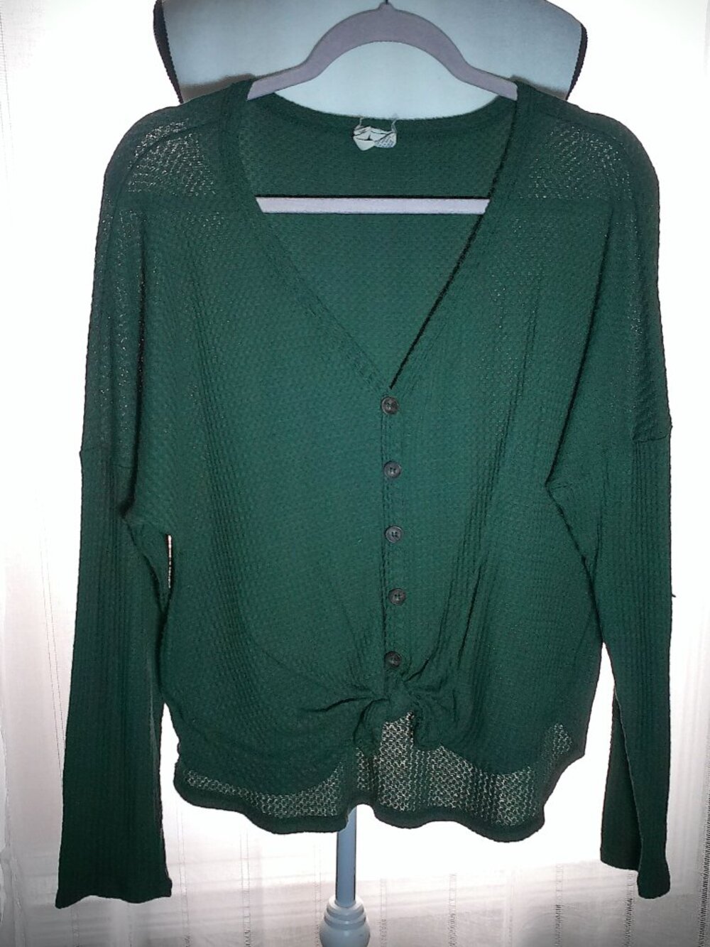 SKY AND SPARROW Long Sleeve V-Neck Button Down w/Tie Waist Green Ribbed Top XL
